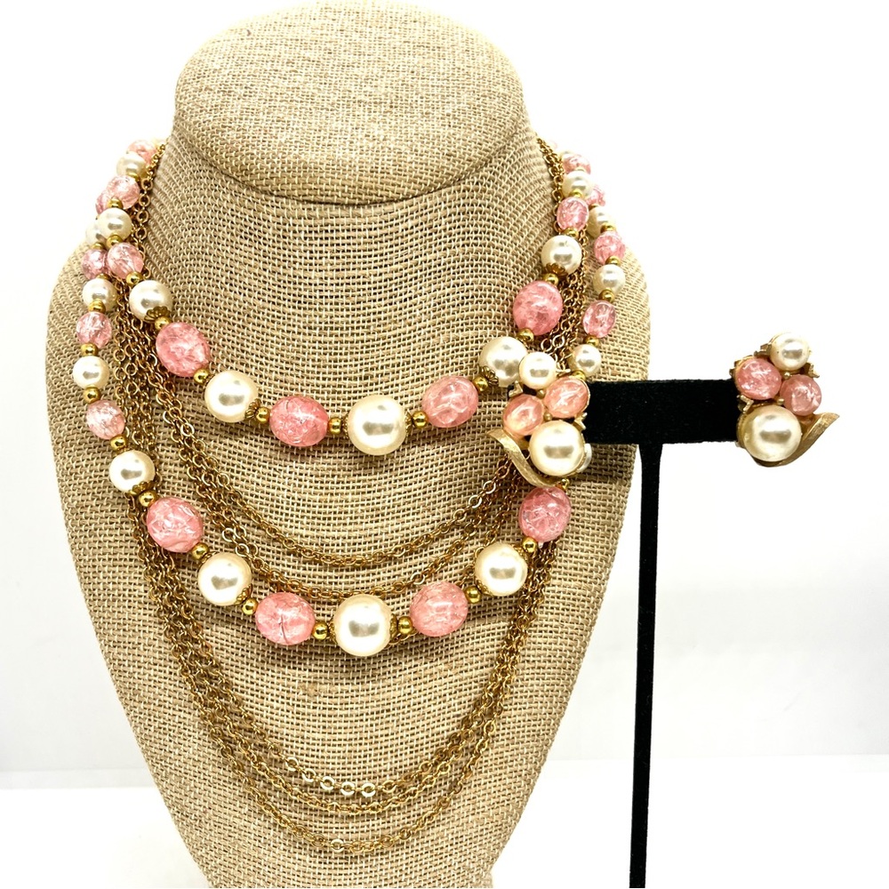 VINTAGE MCM NECKLACE Pink Crackle Bead Faux Pearl Gold Tone Layered Earring Set